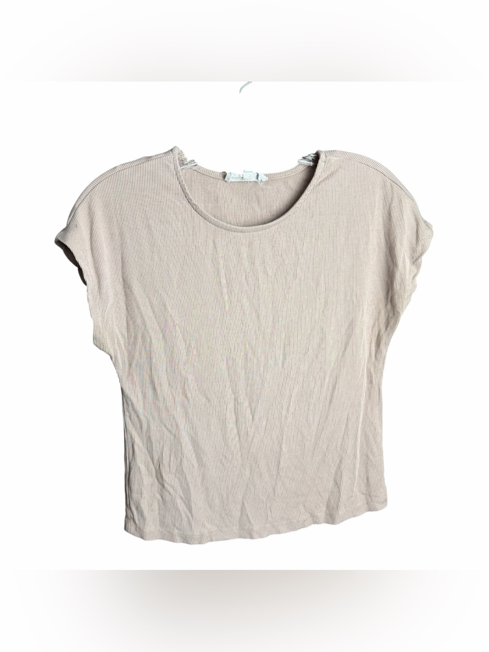 Pink Rose Ribbed Cap Short Sleeve Top Beige Large Scoop